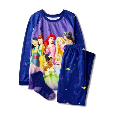 Disney Princess Girl s Brushed Flannel Blue Pajama with Socks Set (Large 10/12)