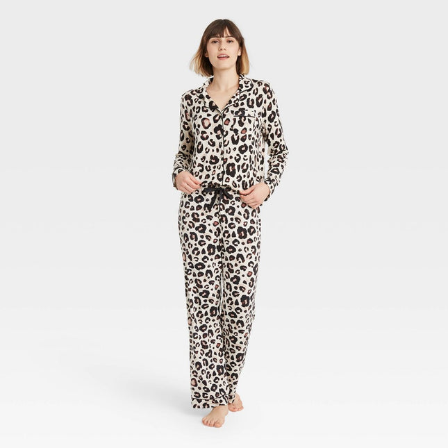 Women's Leopard Print Beautifully Soft Long Sleeve Notch Collar Top and Pants Pajama Set - Stars Above™ Light Beige L