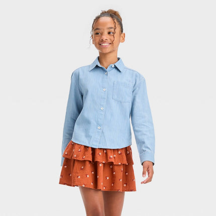 Girls' Long Sleeve Button-Down Woven Top - Cat & Jack™ Light Wash S