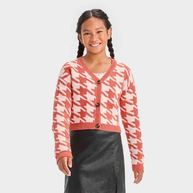 Girls' Cropped Cardigan Sweater - art class™ Red Argyle XL