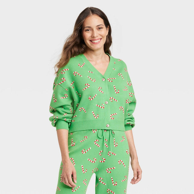 Women's Candy Cane Graphic Cardigan - Green L