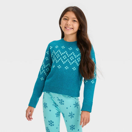 Girls' Fair Isle Pullover Sweater - Cat & Jack™ Teal Blue L