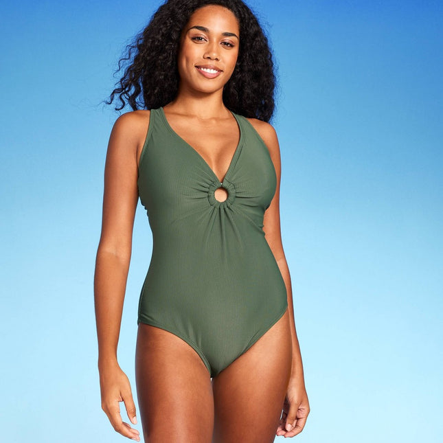 Women's Ribbed Plunge Ring Detail One Piece Swimsuit - Shade & Shore™ Dark Green S