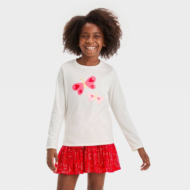 Girls' Long Sleeve Valentine's Day Butterflies Graphic T-Shirt - Cat & Jack™ Cream L