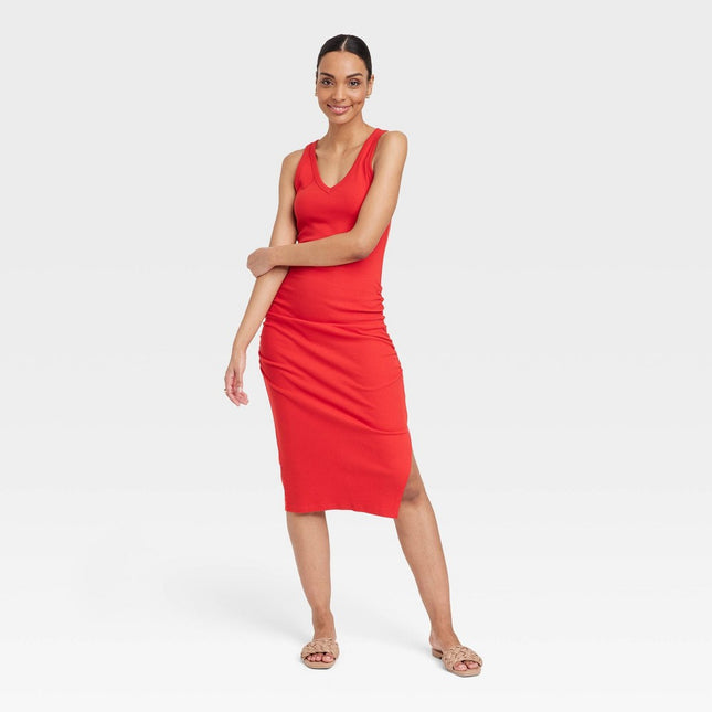 Women's Rib Knit Side Ruched Dress - A New Day™ Red M