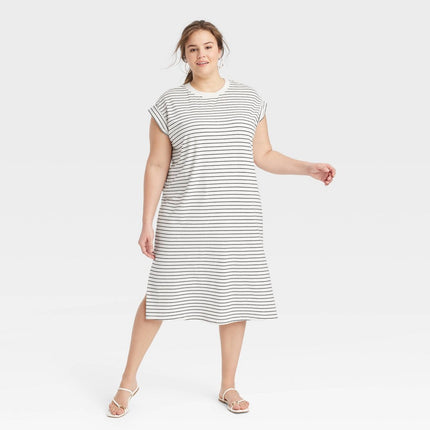 Women's Short Sleeve Midi Shirtdress - A New Day™ Cream/Black Striped 3X