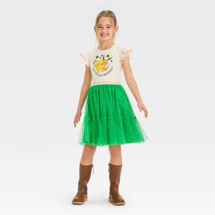 Girls' Pokemon Pika & Eevee Good Luck Squad Dress - Green/Off White M