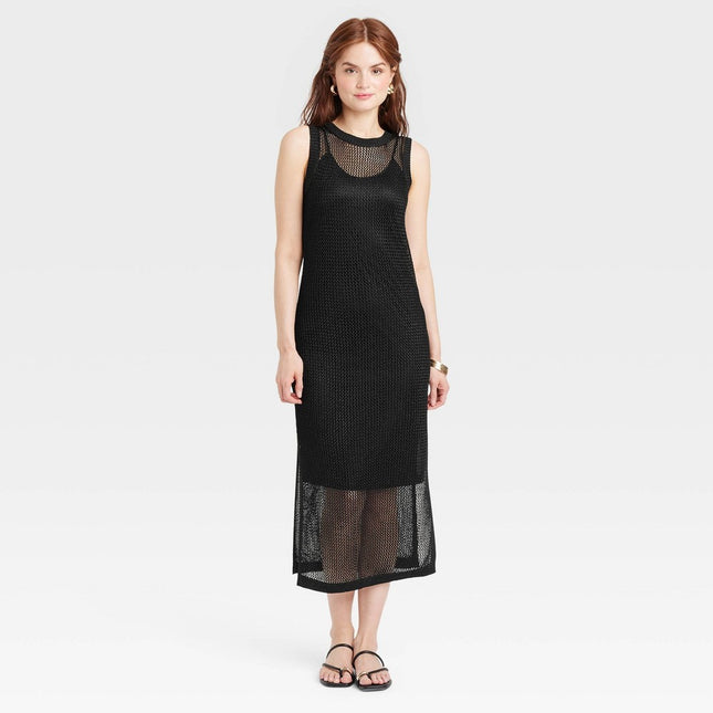 Women's Openwork Midi Tank Dress - A New Day™ Black L