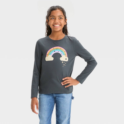 Girls' Long Sleeve 'Rainbow' Graphic T-Shirt - Cat & Jack™ Charcoal Gray XL