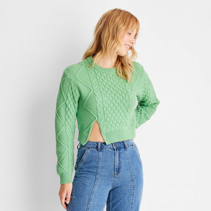 Women's Cropped Cable Knit Crewneck Sweater - Future Collective™ with Reese Blutstein Green XL