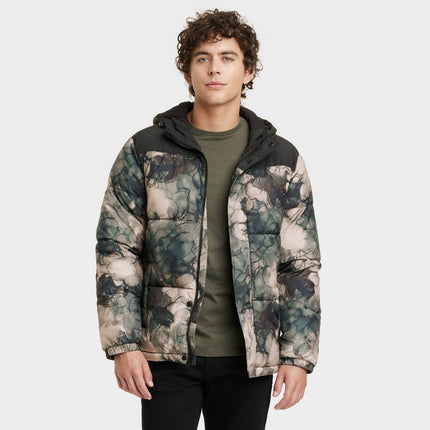 Men's Abstract Print Midweight Puffer Jacket - Goodfellow & Co™ Tan XL