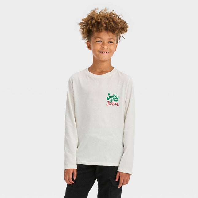 Boys' Long Sleeve 'Jolly & Joyful' Graphic T-Shirt - Cat & Jack™ Cream XXL Husky