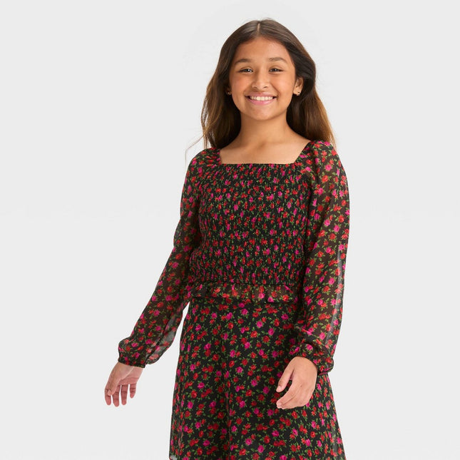 Girls' Long Sleeve Smocked Chiffon Top - art class™ Black Floral XL