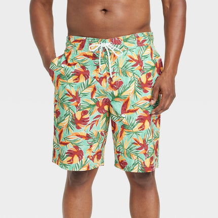 Men's 9" Leaf Print E-Board Swim Shorts - Goodfellow & Co™ Green/Red S