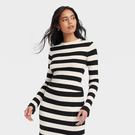 Women's Crewneck Pullover Sweater - A New Day™ Cream/Black Striped XL