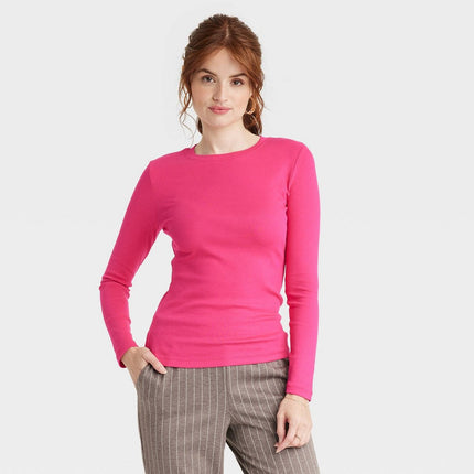 Women's Long Sleeve Slim Fit Crewneck T-Shirt - A New Day™ Pink M