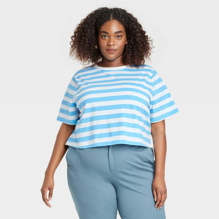 Women's Boxy Elbow Sleeve Cropped T-Shirt - A New Day™ Blue/White 3X