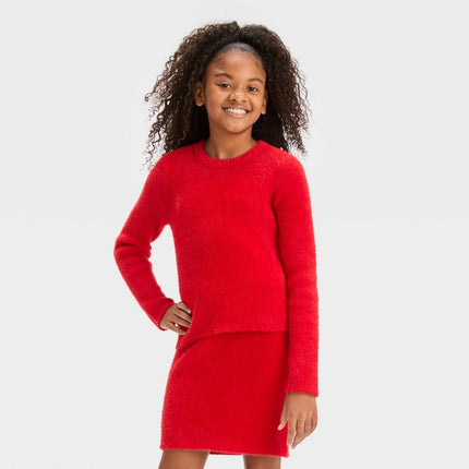 Girls' Fuzzy Ribbed Crewneck Sweater - art class™ Red S