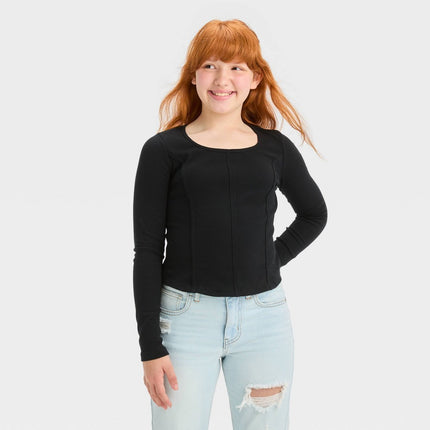 Girls' Long Sleeve Knit Corset Top - art class™ Black L