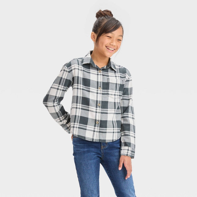 Girls' Flannel Long Sleeve Button-Down Woven Top - Cat & Jack™ Charcoal Gray S