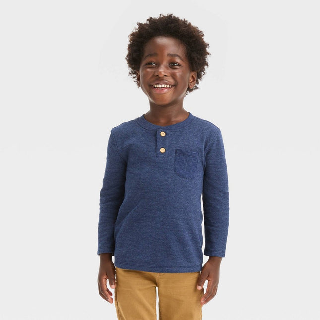 Toddler Boys' Double Knit Long Sleeve Henley T-Shirt - Cat & Jack™ Navy Blue 3T