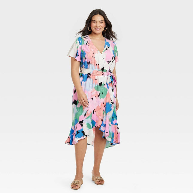 Women's Flutter Short Sleeve Midi Wrap Dress - Ava & Viv™ Abstract Floral XXL