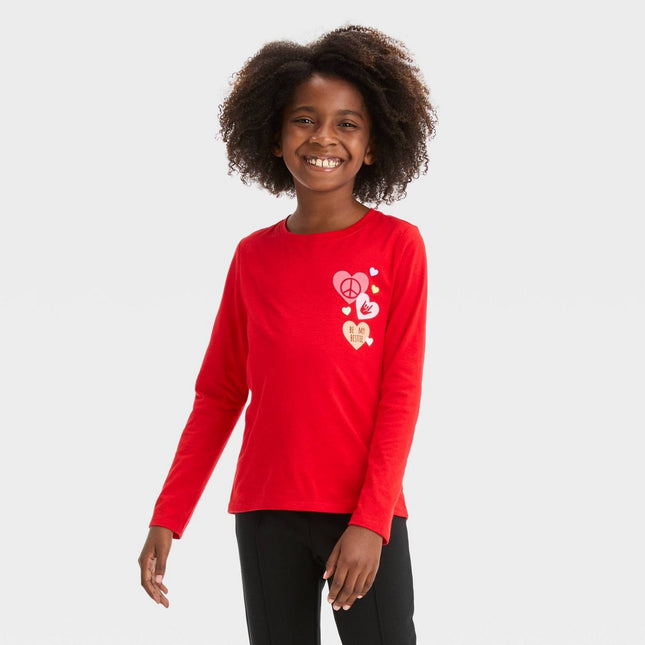 Girls' Long Sleeve Valentine's Day Hearts Graphic T-Shirt - Cat & Jack™ Red XS