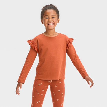 Girls' Long Sleeve Eyelet T-Shirt - Cat & Jack™ Chestnut Orange S