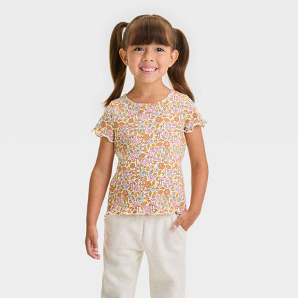 Toddler Girls' Floral Ribbed Short Sleeve T-Shirt - Cat & Jack™ Cream 12M