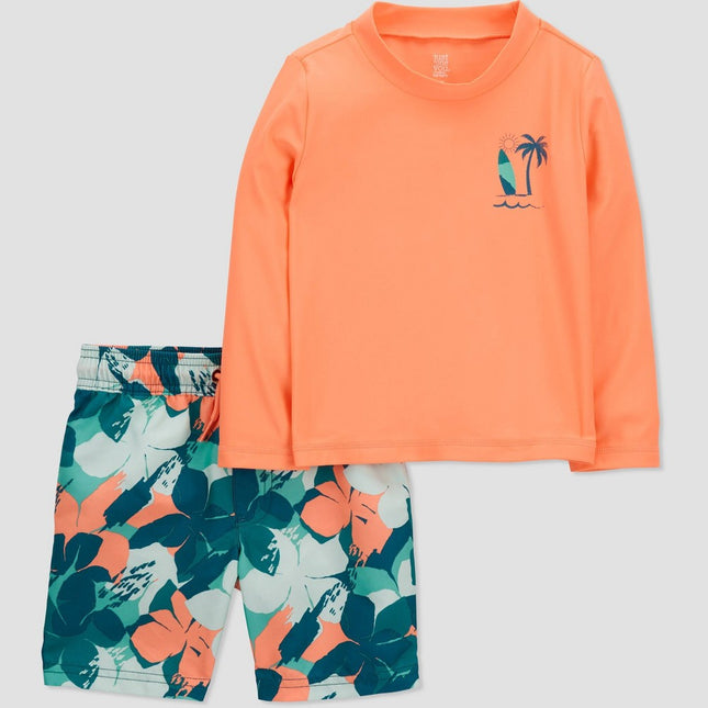 Carter's Just One You Toddler Boys' 2pc Long Sleeve Floral Print Rash Guard Set - Blue/Coral Orange 5T