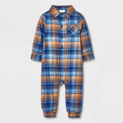 Baby Boys' Flannel Plaid Romper - Cat & Jack™ Dark Blue 3-6M