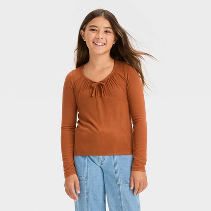 Girls' Long Sleeve Tie-Front Knit T-Shirt - art class™ Copper Brown M