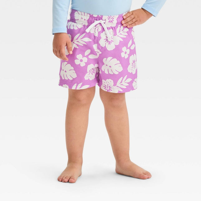 Toddler Boys' Hibiscus Floral Swim Shorts - Cat & Jack™ Purple 4T: UPF 50+ Protection, Mesh Brief, Adjustable Waist