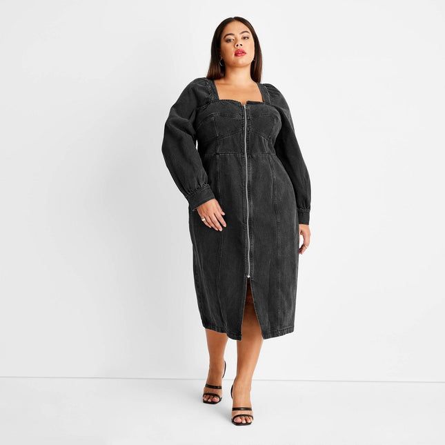 Women's Plus Size Puff Long Sleeve Zip-Front Denim A-Line Dress - Future Collective with Kahlana Barfield Brown Black Denim 28W/30W