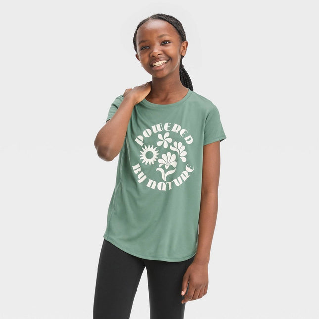 Girls' Short Sleeve 'Powered By Nature' Graphic T-Shirt - All In Motion™ Olive Green XS