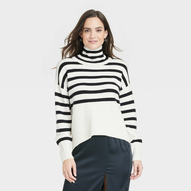 Women's Mock Turtleneck Pullover Sweater - A New Day™ Cream Striped M