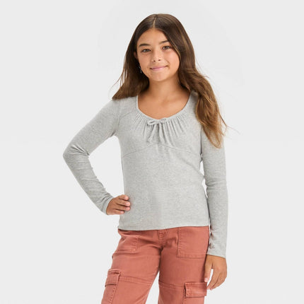 Girls' Long Sleeve Tie-Front Knit T-Shirt - art class™ Heather Gray M