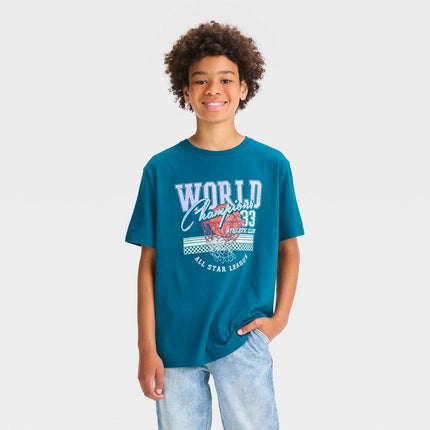 Boys' Basketball World Champion Short Sleeve Graphic T-Shirt - art class™ Teal Blue M