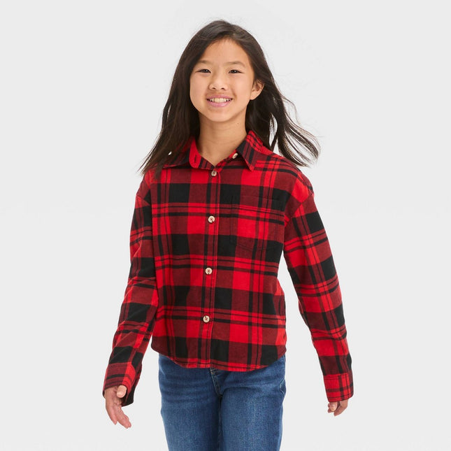 Girls' Long Sleeve Button-Down Plaid Shirt - Cat & Jack™ Red L