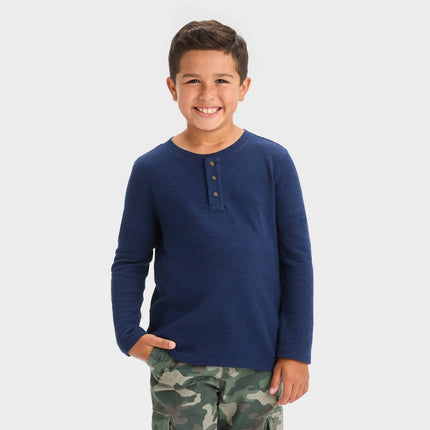 Boys' Long Sleeve Snow-Heathered Henley Shirt - Cat & Jack™ Navy Blue XL