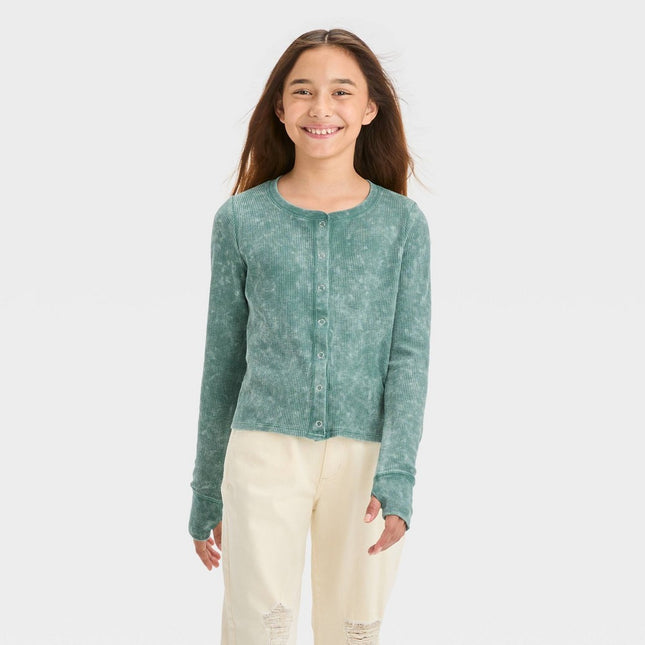 Girls' Long Sleeve Button-Down Waffle Shirt - art class™ Green M