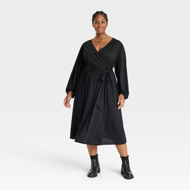 Women's Plus Size Balloon Long Sleeve Wrap Dress - Ava & Viv Black 3X