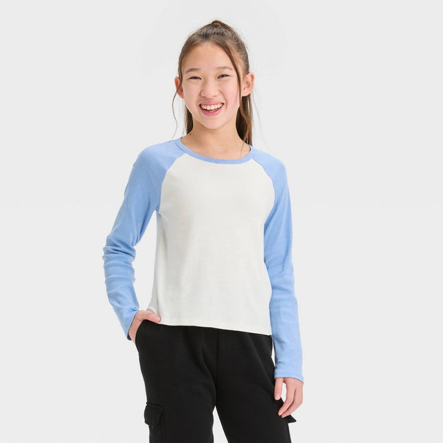 Girls' Long Sleeve Baseball T-Shirt - art class™ Blue M