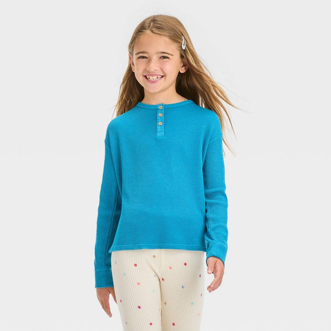 Girls' Long Sleeve Waffle Henley Shirt - Cat & Jack™ Teal Blue M