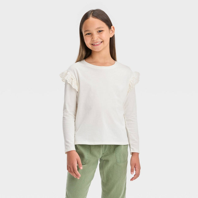 Girls' Long Sleeve Eyelet T-Shirt - Cat & Jack™ Cream M