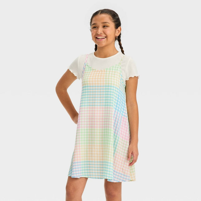 Girls' 2-for-1 Slip Dress - art class™ Pink/Green/Blue Plaid L