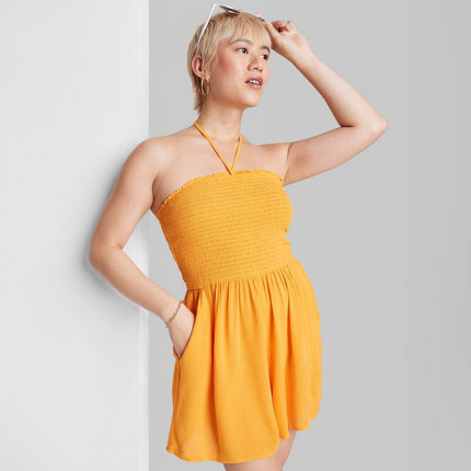 Women's Sleeveless Woven Smocked Romper - Wild Fable™ Mango Orange S