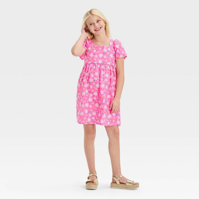 Girls'Barbie Cotton Puff Sleeve Dress - Pink S: Square Neck, Floral & Sun Print, Knee Length, Poplin Fabric, Machine Washable