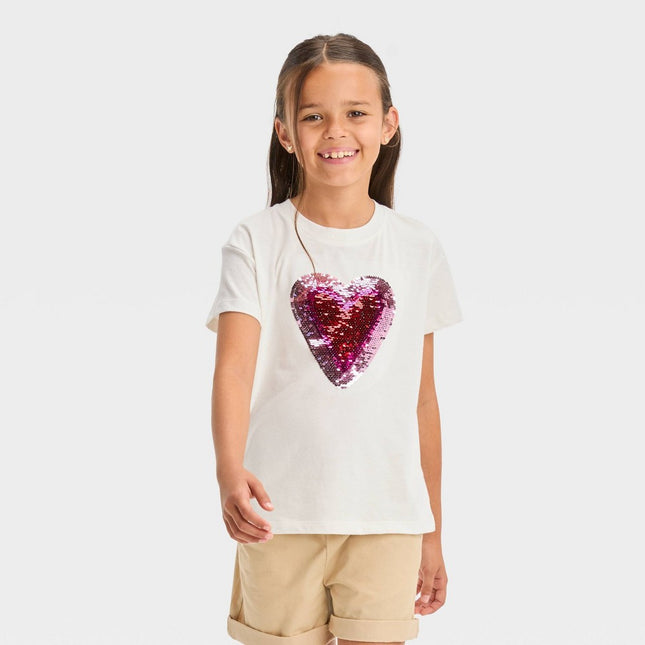 Girls' Flip Sequin 'Heart' Short Sleeve Graphic T-Shirt - Cat & Jack™ Cream M