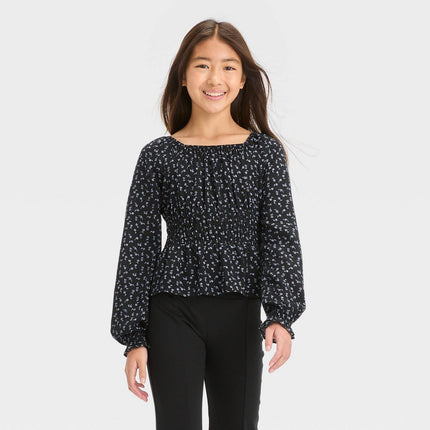 Girls' Long Sleeve Ruched Waist Blouse Top - art class™ Black Floral M